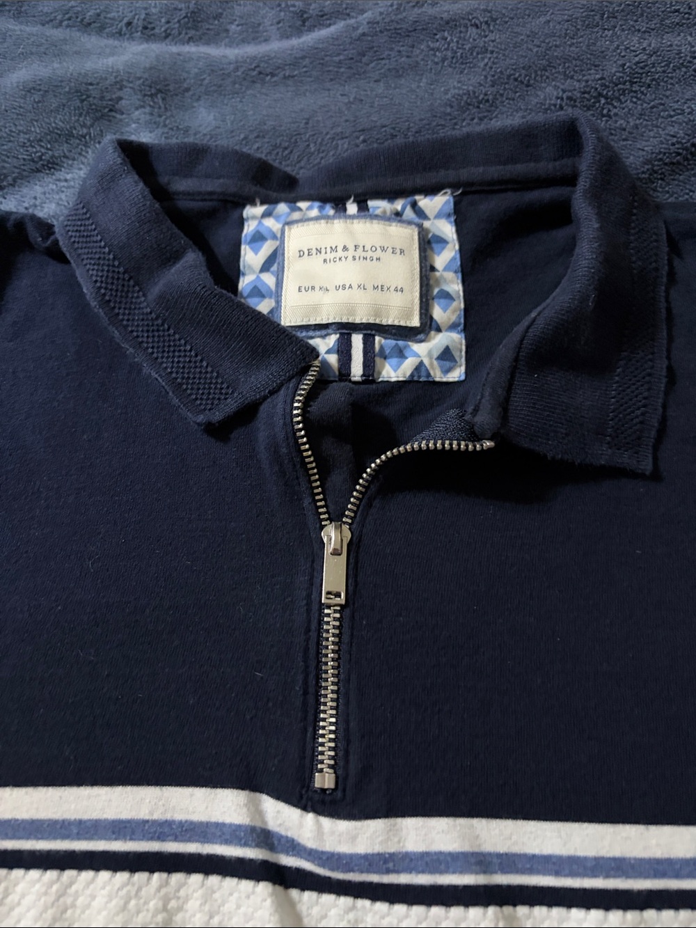 Denim & Flower Quarter Zip Polo with Striped Panel